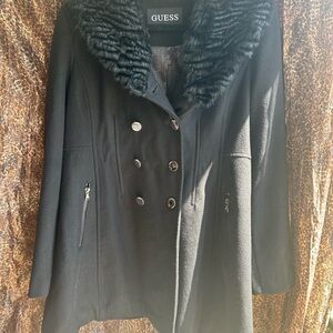 GUESS Women's Black Pea Coat with Faux Fur Collar